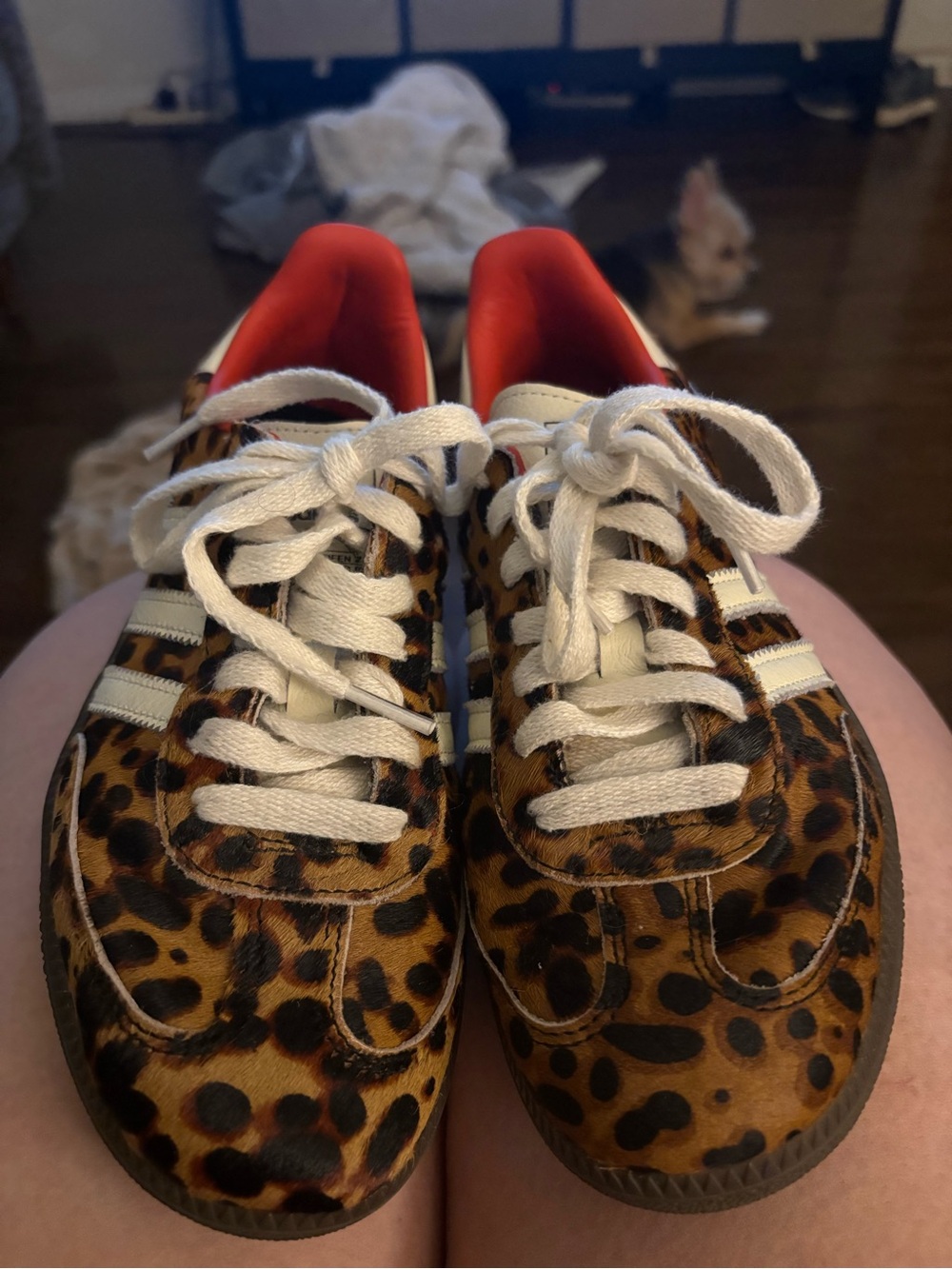 adidas Leopard Print Sneakers with White Stripes and Red Lining
